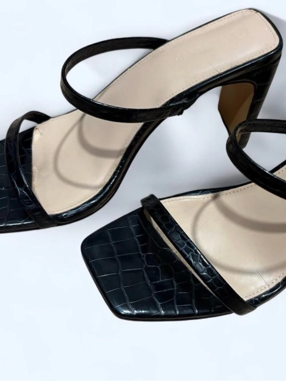 Black Croc-Embossed Square Toe Strappy Heels - Women
